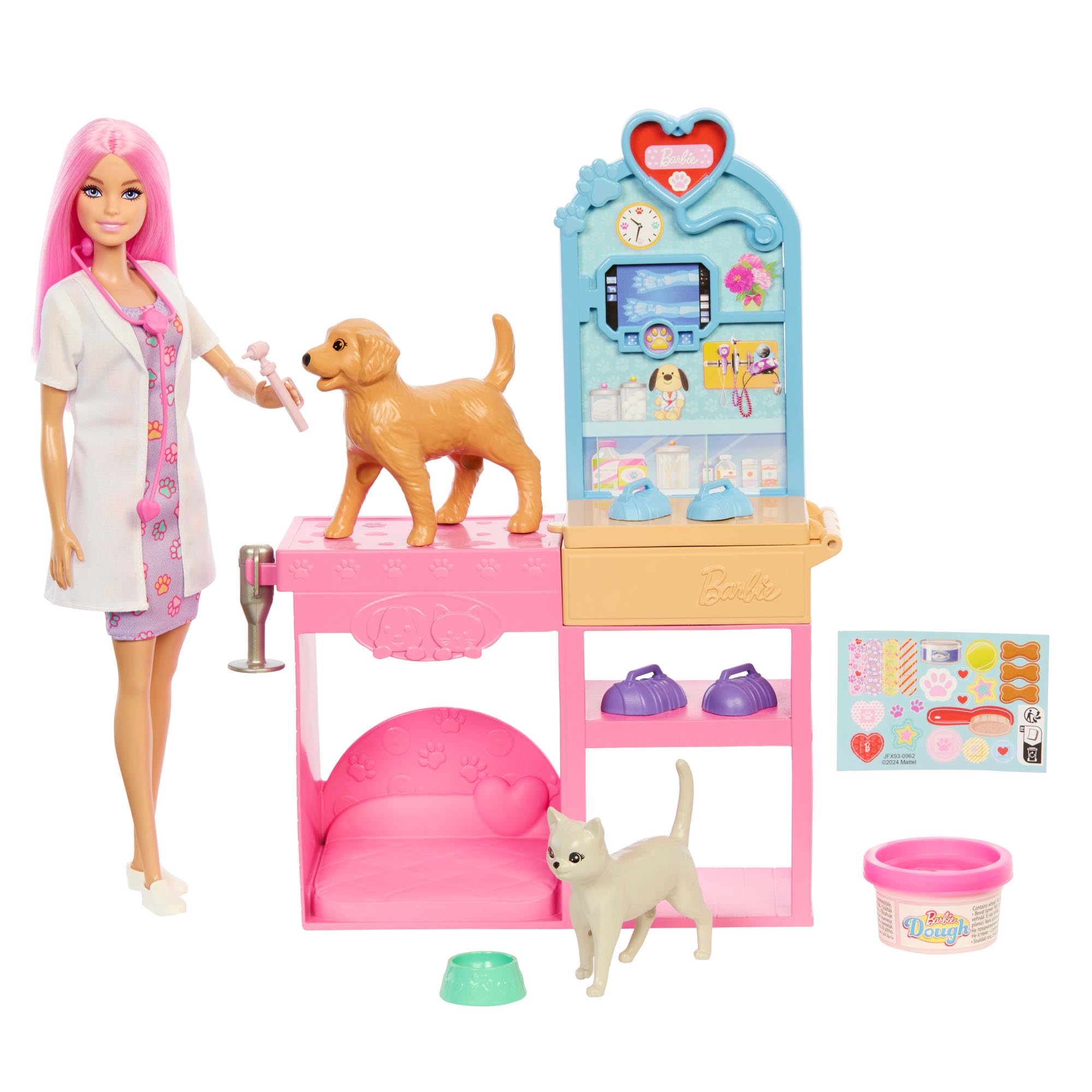 Barbie Fast Cast Veterinarian Clinic Playset with Pink Colored Hair Fashion Doll, Vet Furniture & 10+ Accessories Including Molds & Dough for Bandages