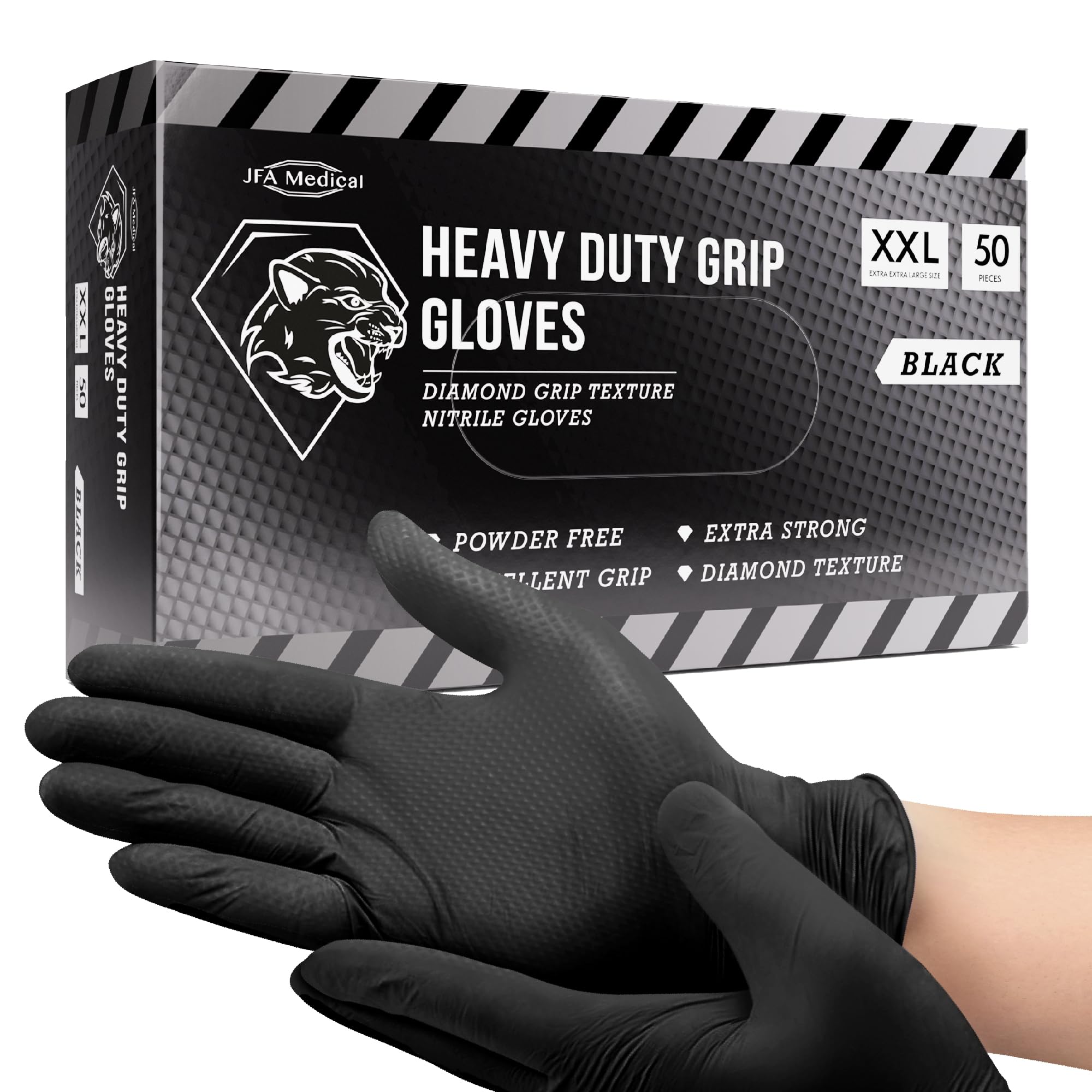 JFA Medical Disposable Heavy Duty Mechanic Powder Free Latex Free Black Diamond Grip Nitrile Gloves - Box of 50 (Extra Extra Large)