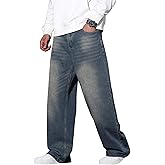 QGRSWBC Baggy Jeans Men Wide Leg Hip Hop Jeans Mid Rise Denim Pants Loose Fit Skater Trousers