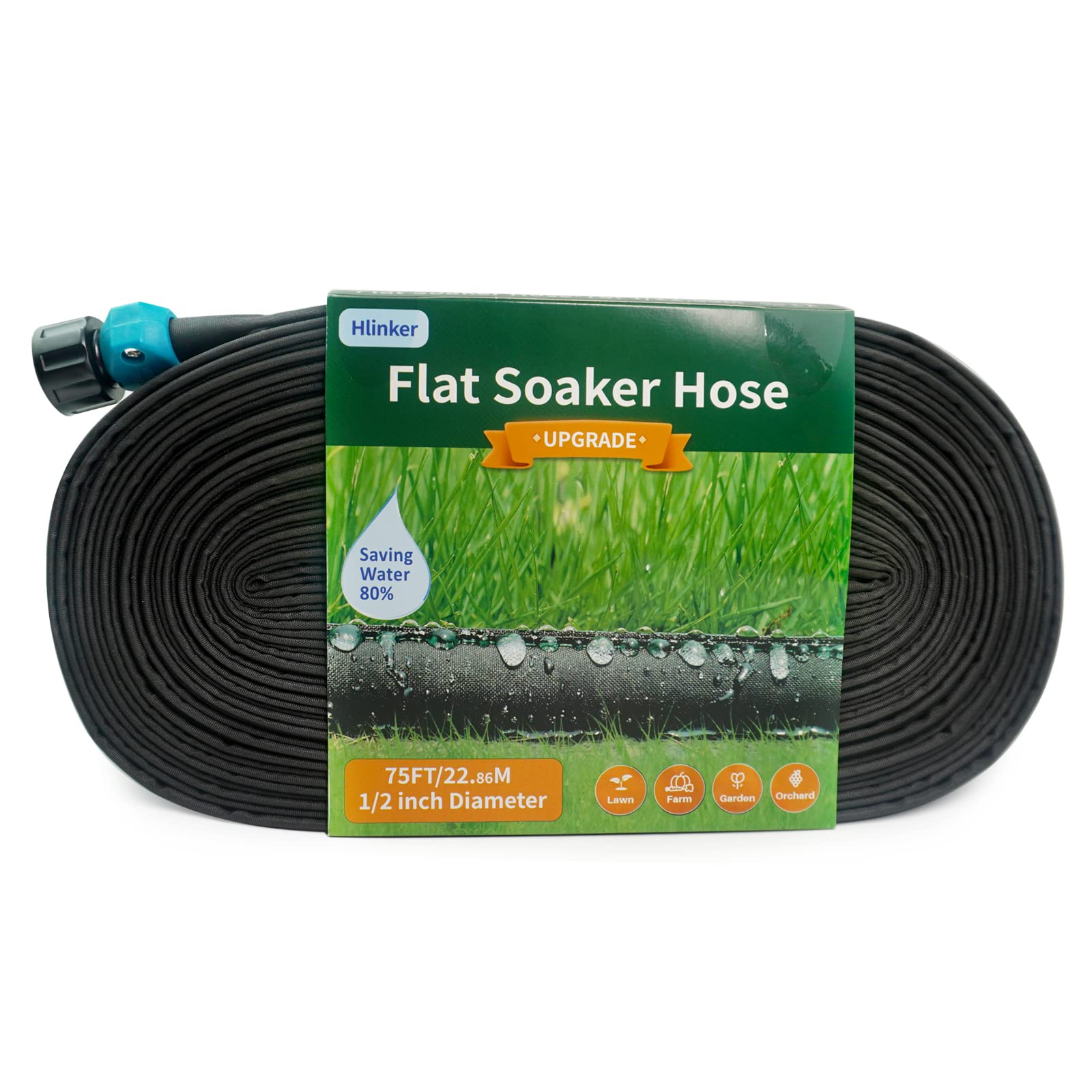 Photo 1 of Hlinker Flat Soaker Hose 75 FT for Garden Beds, 75Ft 1/2" Linkable Consistent Drip Irrigation Hose Save 80% Water, Leakproof Heavy Duty Double Layer Sprinkler Hose