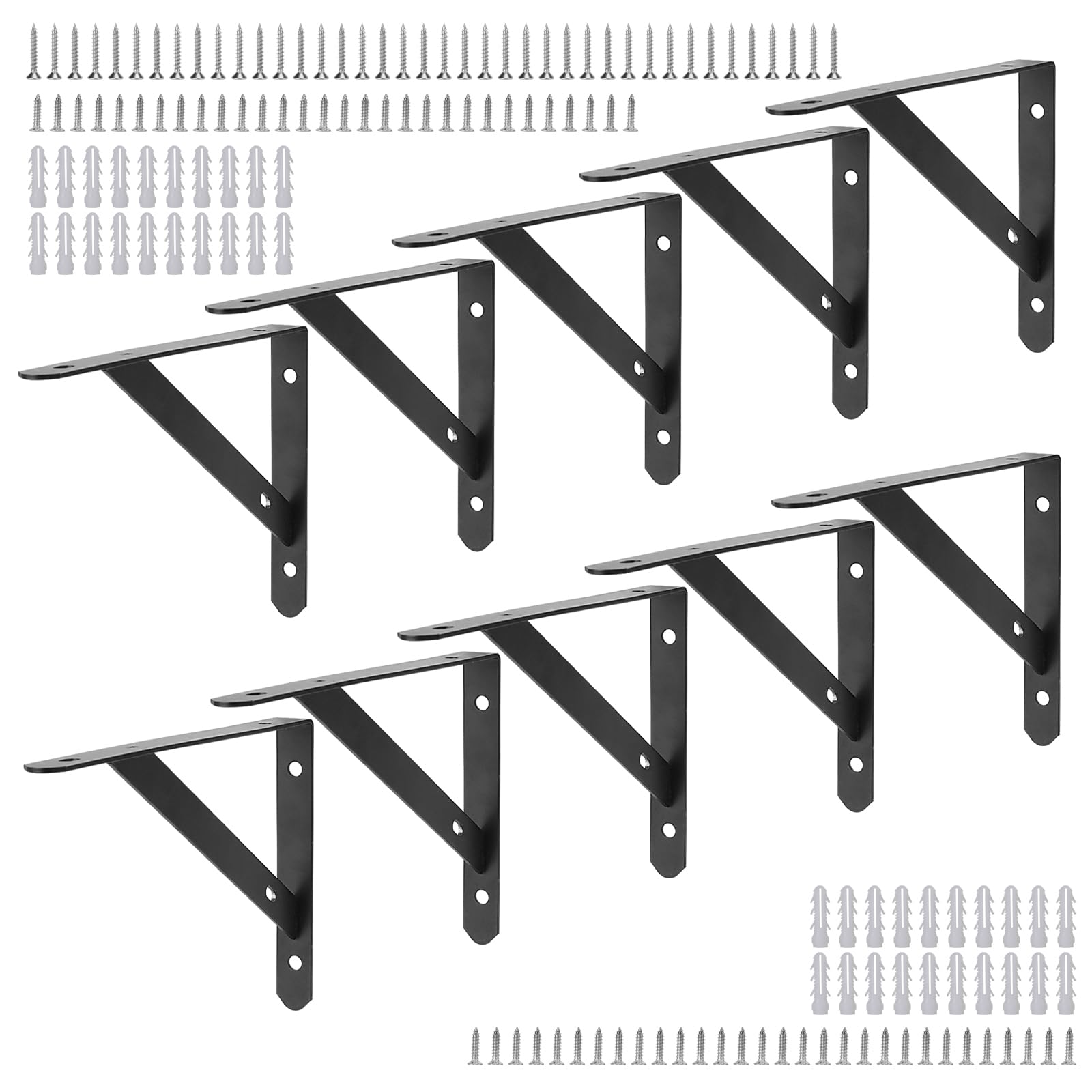 JAPCHET 10 PCS 8 Inch Black Shelf Bracket, Triangle Shelf Support Bracket with Screws for Bookshelf, Cupboard