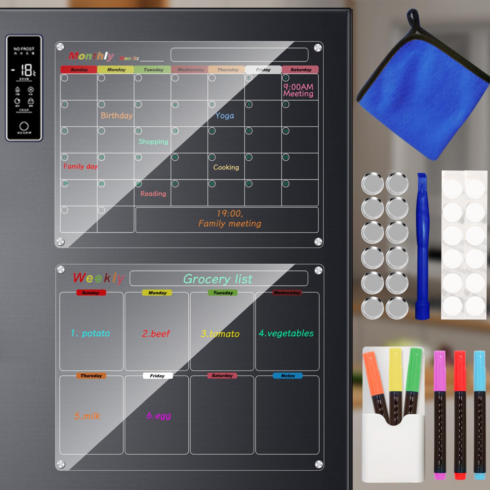 Acrylic Magnetic Calendar for Refrigerator, 2 Pack 30x40cm/12x16inch Clear Fridge Calendar, Dry Erase Planning Boards, Monthly Planner and Weekly Planner
