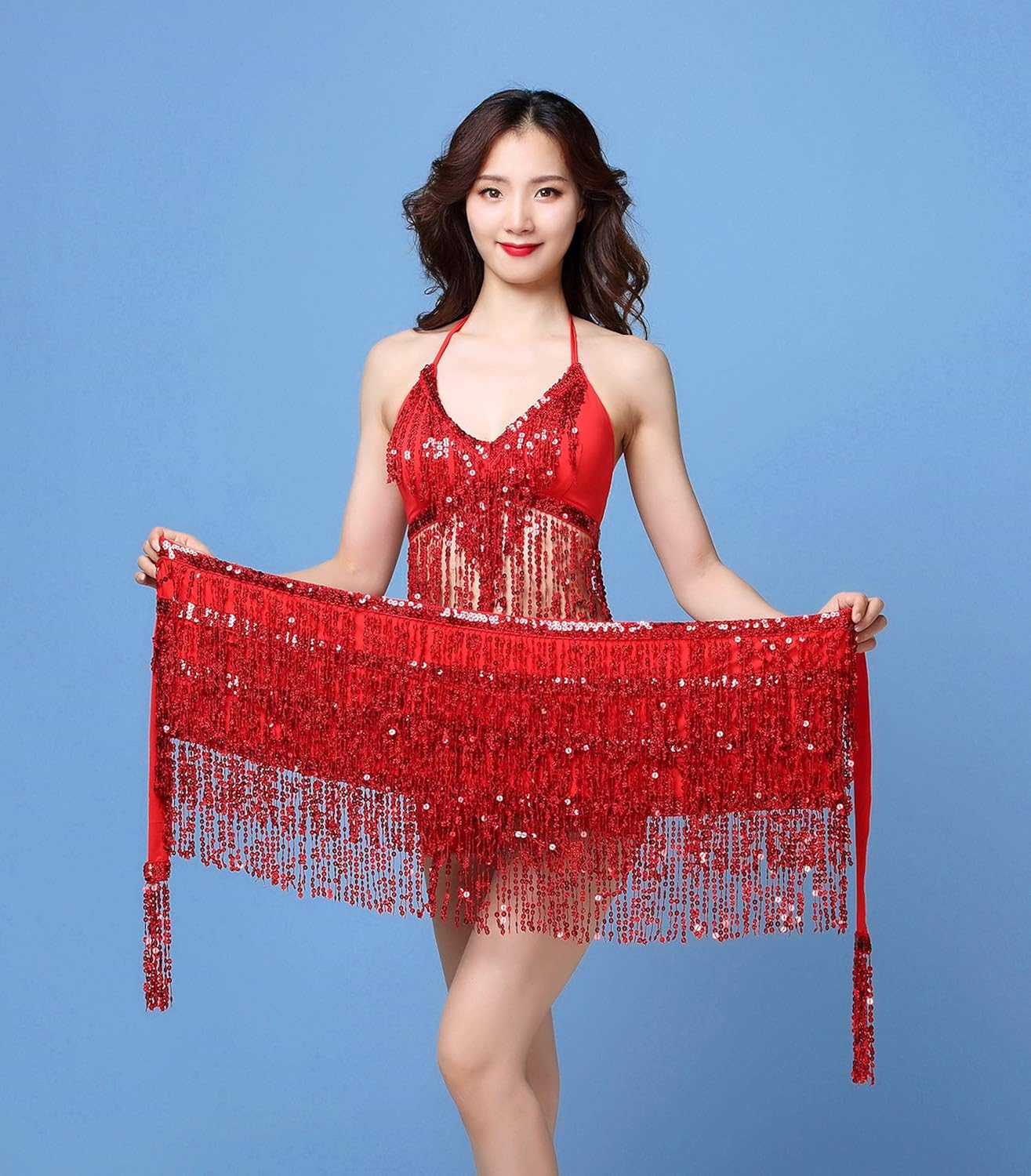 ORIDOOR Women Latin Belly Dance Costume Sequin Tassel Padded Bra Top & Hip Scarf Wrap Skirts with Shorts, Red, One Size: Clothing