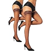 HONENNA 2 Pairs Sheer Thigh High Stockings, 17+ Colors Stay Up Lace Top with Anti-Slip Silicone for Women
