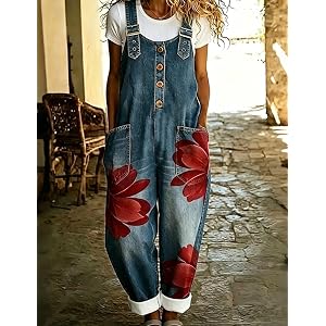 Women's Floral Print Imitation Denim Patchwork Jumpsuit, Loose Baggy Wide Leg Bib Overalls with Pockets