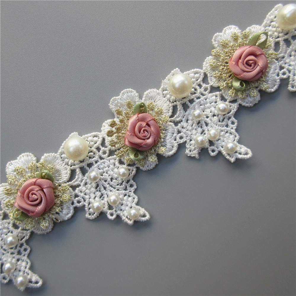 View 1 of 1 Yard Vintage Gold Pearl Rose Flowers Embroidered Lace Trim Fabric Floral Appliques Lace Ribbon Bridal Ornaments Handmade DIY Sewing Supplies Craft for Costume Hat Decoration 1.96" Wide
