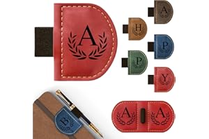 AOQUNXI Personalized Bygone Mark Bookmark with Pen Holder, Magnetic Bookmarks with Vintage 26 Letters, Engraving Leather Magnetic Pen Holder Bookmark for Women Book Lovers Gifts (Red, A)