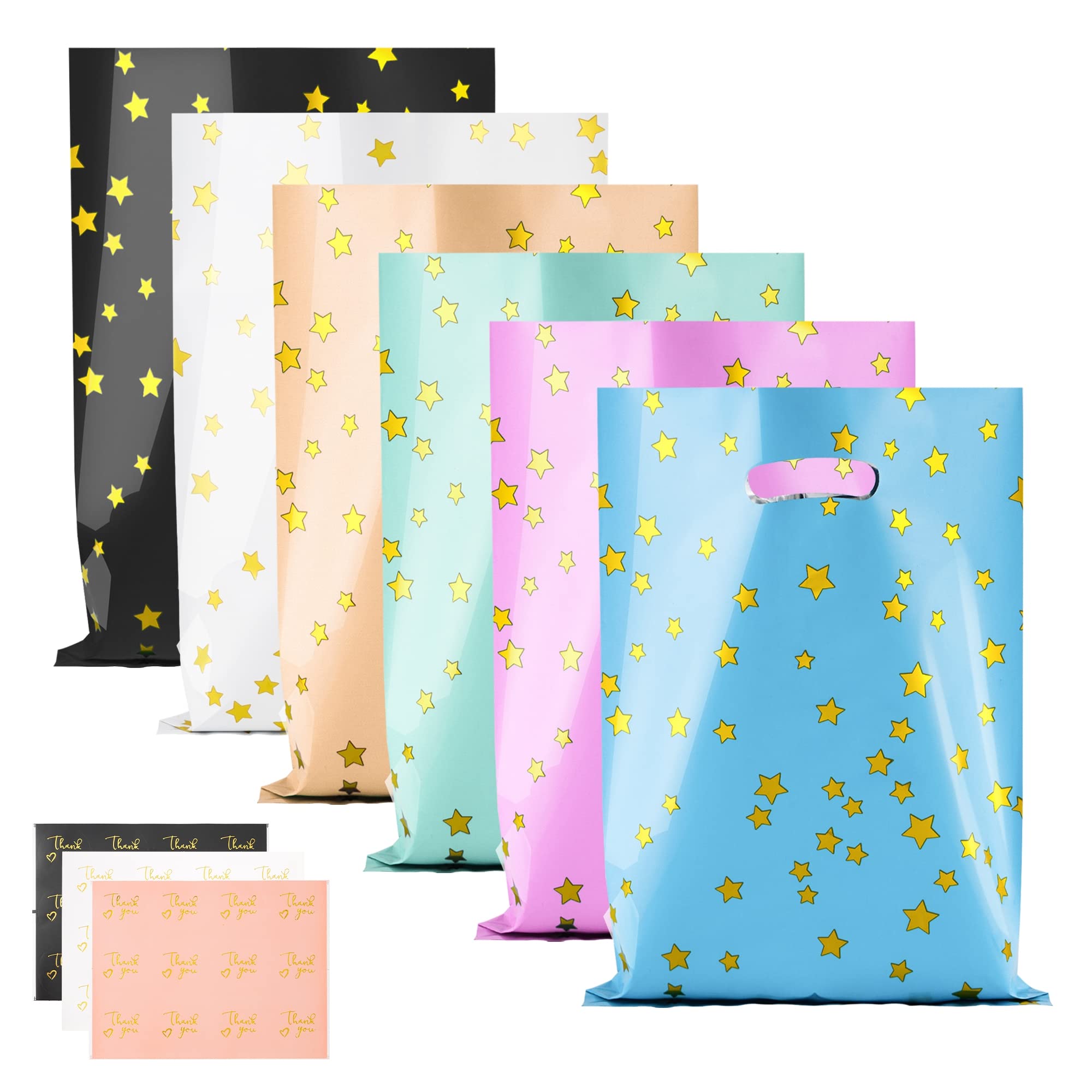 BOENFU 60 Pcs Party Gift Bags With Thank You Stickers - 6 Colors Starry Goodie Favor Treat Bags With Handle for Christmas, Halloween, Birthday, Wedding
