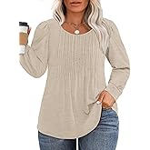 VISLILY Womens-Plus-Size-Dressy-Tops Trendy Puff Long Sleeve Shirts Cute Flowy Pleated Blouses Casual Crewneck Tunics XL-5XL
