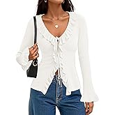 ZESICA Womens 2026 Fall Tie Front Bow Cardigan Sweaters Long Bell Sleeve V Neck Ruffled Knit Cropped Trendy Tops