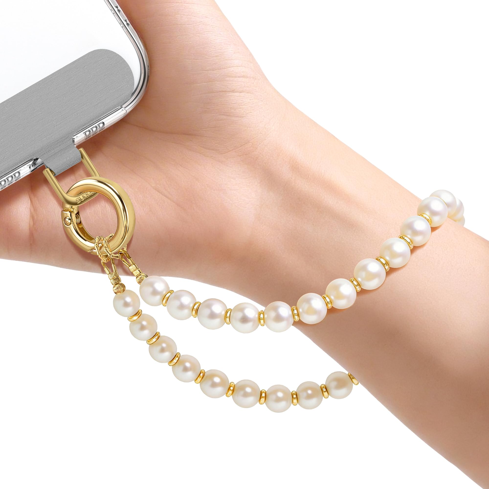 SURPHY Phone Charm, Phone Charms Strap with Tether Tab & Premium Metal Buckle, Cellphone Wrist Strap Chain, Cellphone Lanyard Beaded Bracelets for Women, Pearl Gold