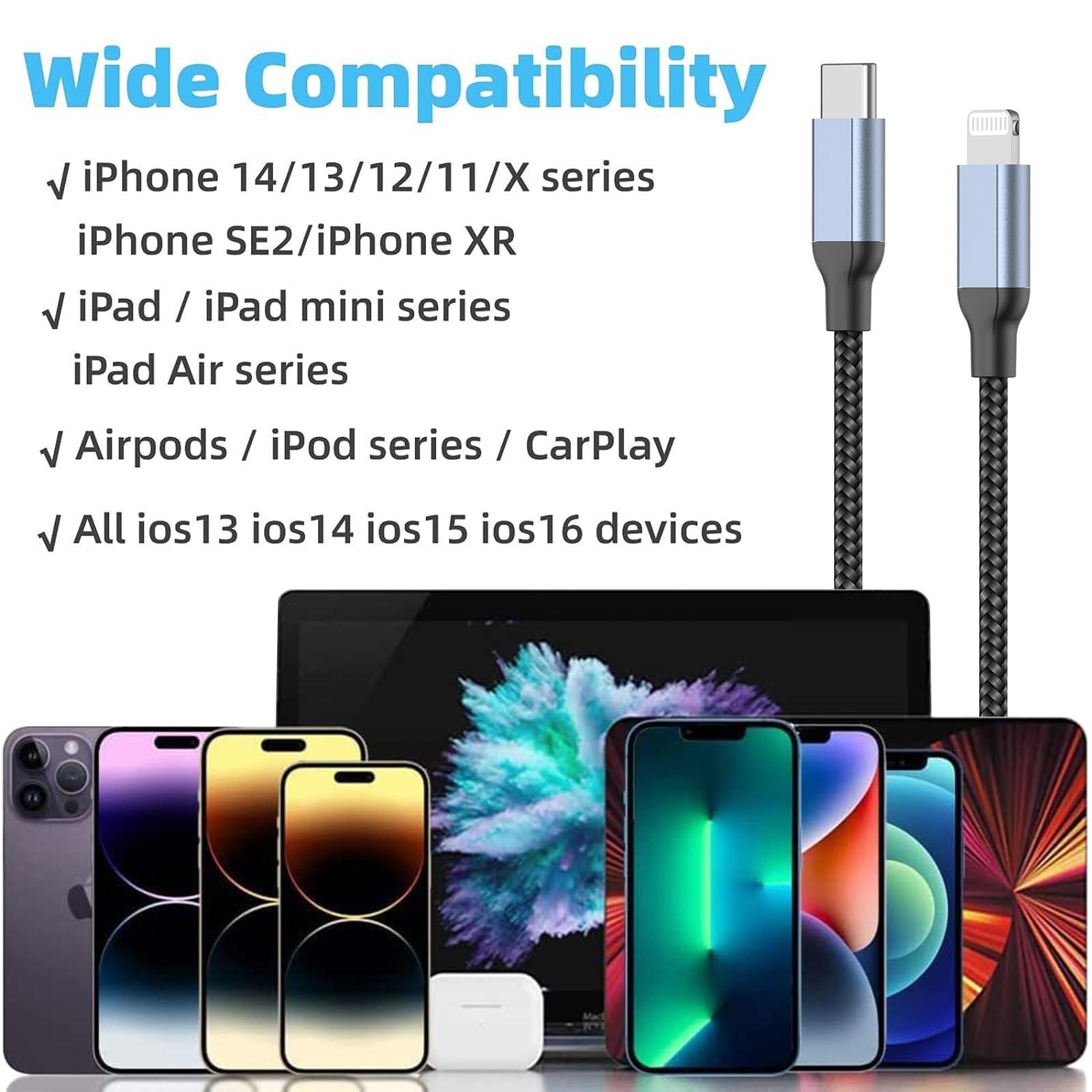 6 Inch USB C to Lightning Cable, 3Pack [MFi Certified] 0.5 foot Short Type c to iPhone Charger Cable Nylon Braided USBC Fast Charging Cord for iPhone 14/13/12/11Pro/X/XR/8/7/6/Plus/SE/iPad, PowerBank