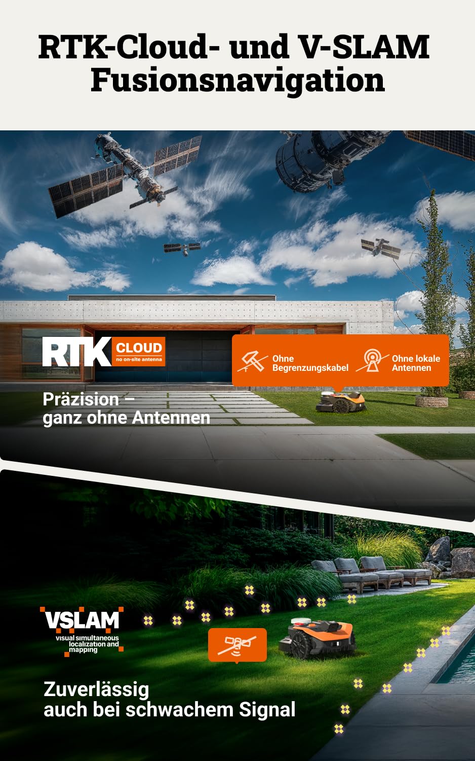 WORX Landroid Vision Cloud WR303E 2WD Mähroboter ohne Begrenzungskabel für 300 m² (KI-Hinderniserkennung, VSLAM+ RTK Cloud Navigation, Auto-Mapping, App-Steuerung) 4