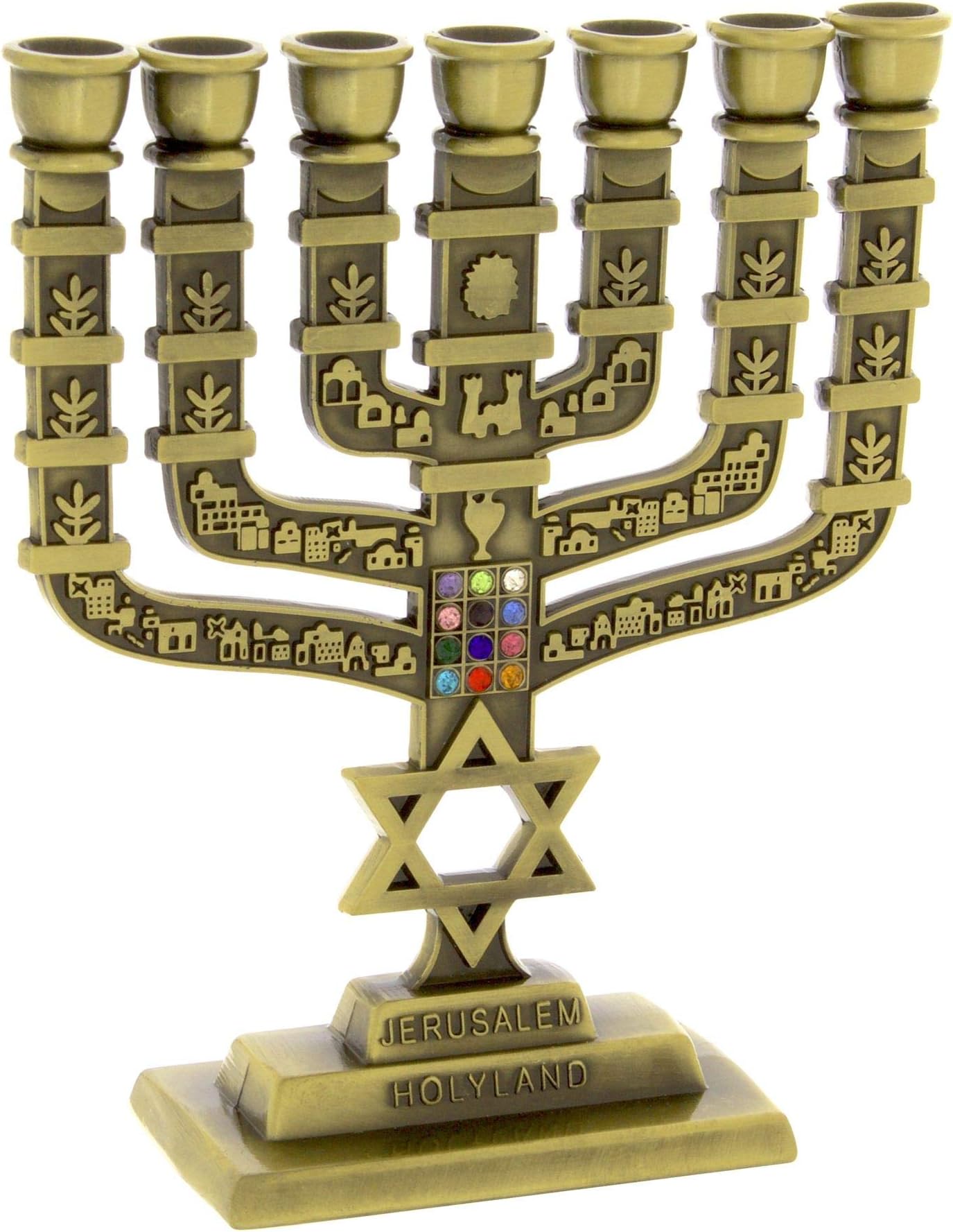 Rimmon Judaica Small 7 Branch Knesset Menorah with 12 Tribes Symbols Hoshen and Star of David, 10 Centimetres, Brass Finish