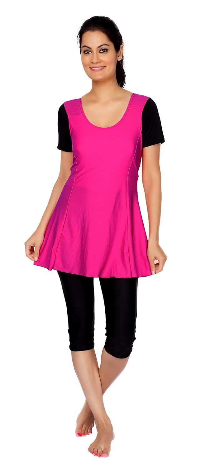 carrel women nylon fabric comfort fit u neck half sleeve with attach knee length capri plain swimsuit