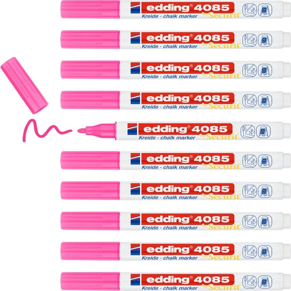 edding 4085 chalk marker, neon-pink, 10 chalk pens, round tip 1-2 mm, fine-tipped wet wipe pen for chalkboards windows, glass