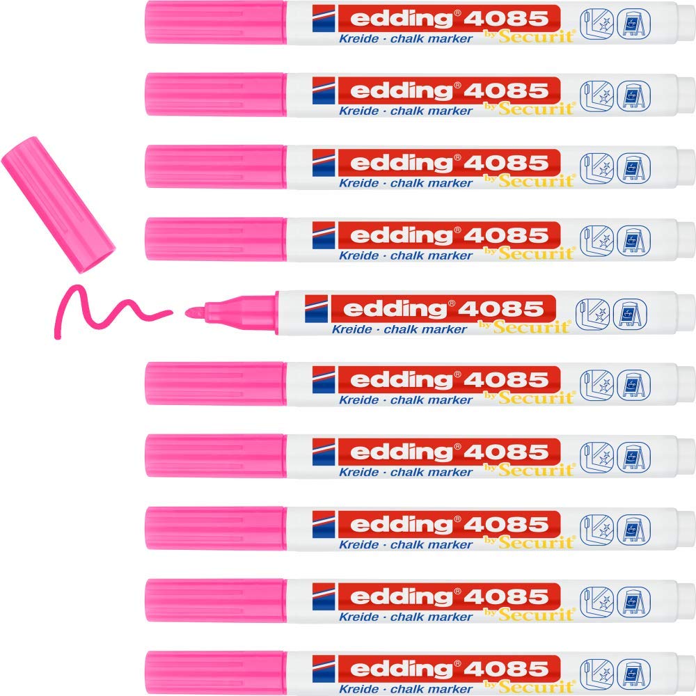 edding 4085 chalk marker - neon-pink - 10 chalk pens - round tip 1-2 mm - fine-tipped wet wipe pen for chalkboards, windows, glass, mirrors - liquid chalk marker pens for opaque coverage — image 1
