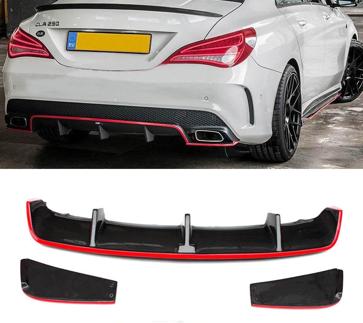 Fandixin W117 Diffuser, Carbon Fiber Diffuser & Stainless Steel 4-Outlet Exhaust Tips Set for CLA Class W117 Sport Edition & CLA45 AMG 2013-2016