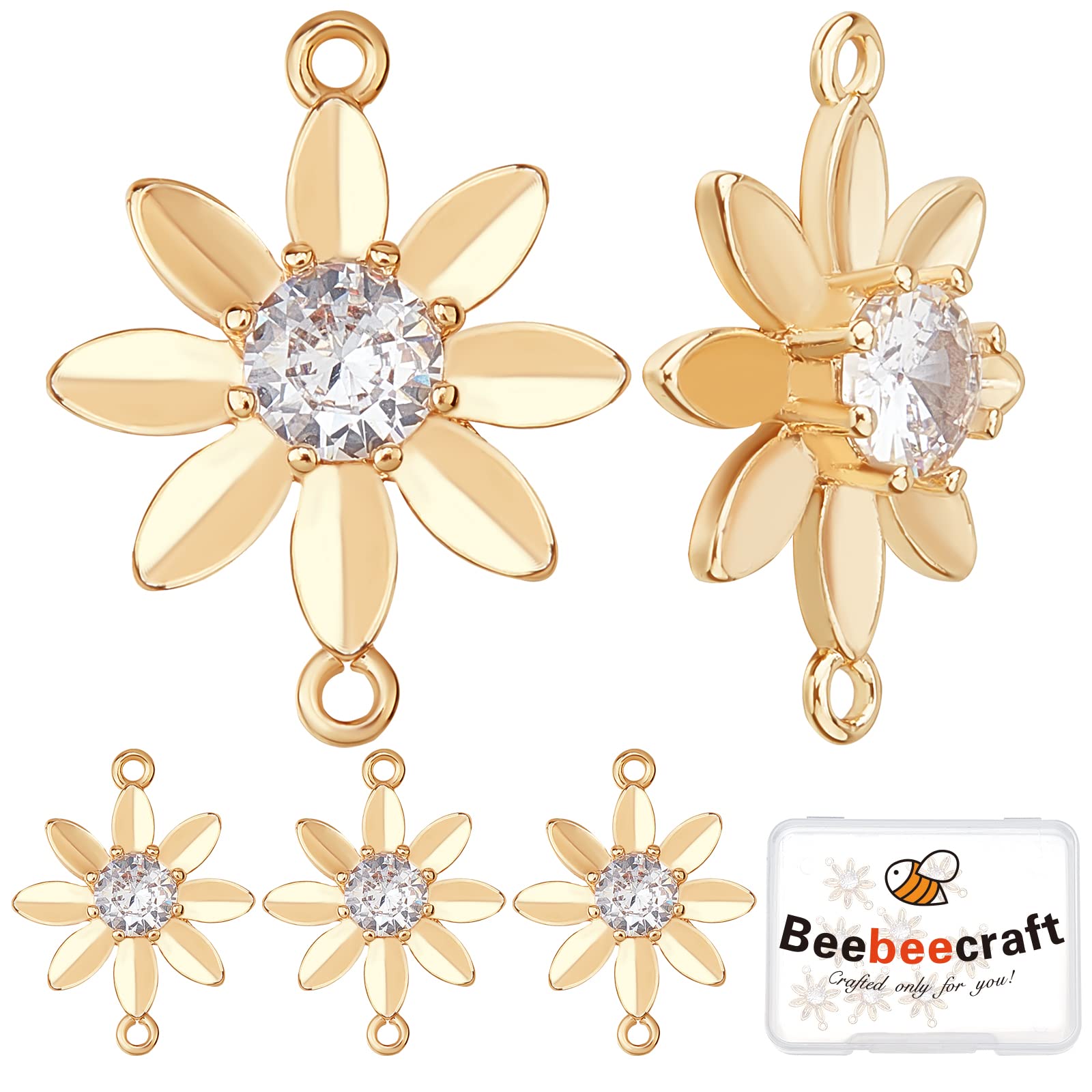 Beebeecraft 10Pcs/Box Cubic Zirconia Links 18K Gold Plated Sunflower Connectors Charms Bracelet Necklace Connector Pendant for DIY Jewellery Making