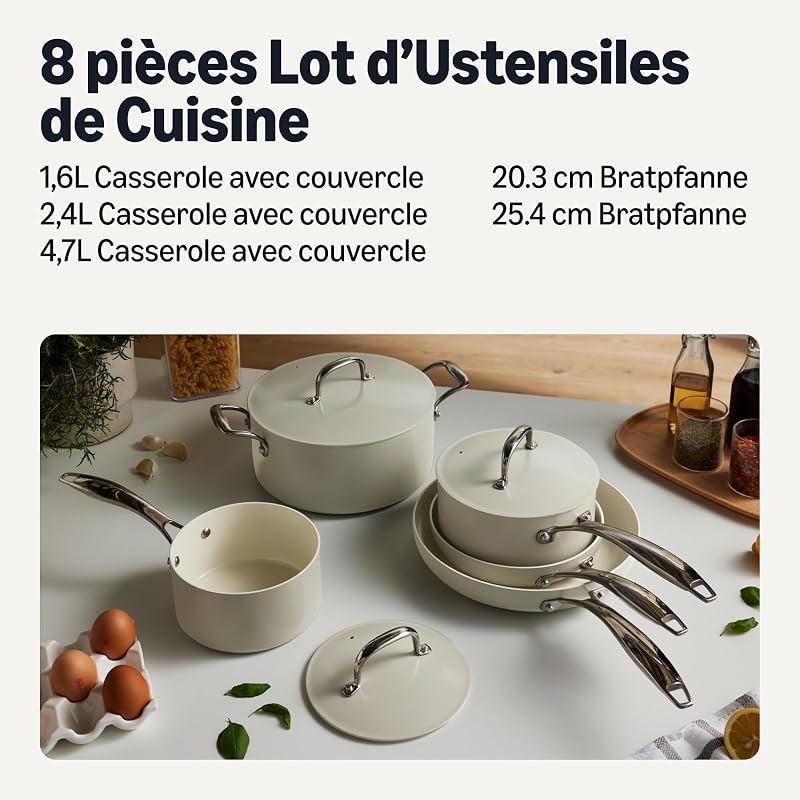 Lot de 8 Casseroles et Poêles Antiadhésives en Céramique, Compatible Lave-Vaisselle et Four, Compatible Tous Feux, Couleur Gris Lin