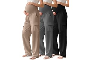 Sweetyweee 3 Pack Women's Maternity Cargo Pants Over The Belly Causal Stretch Scrub Pants Loose Comfy Pregnancy Sweatpants