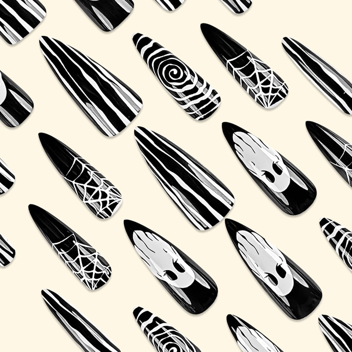 Halloween Horror Ghost Press on Nails Long Pointed Fake Nails Black White Stripe Spider Web Halloween Nail Art Designs Full Cover Glue on Nails Glossy Reusable Artificial False Nails for Women 24Pcs - Image 4