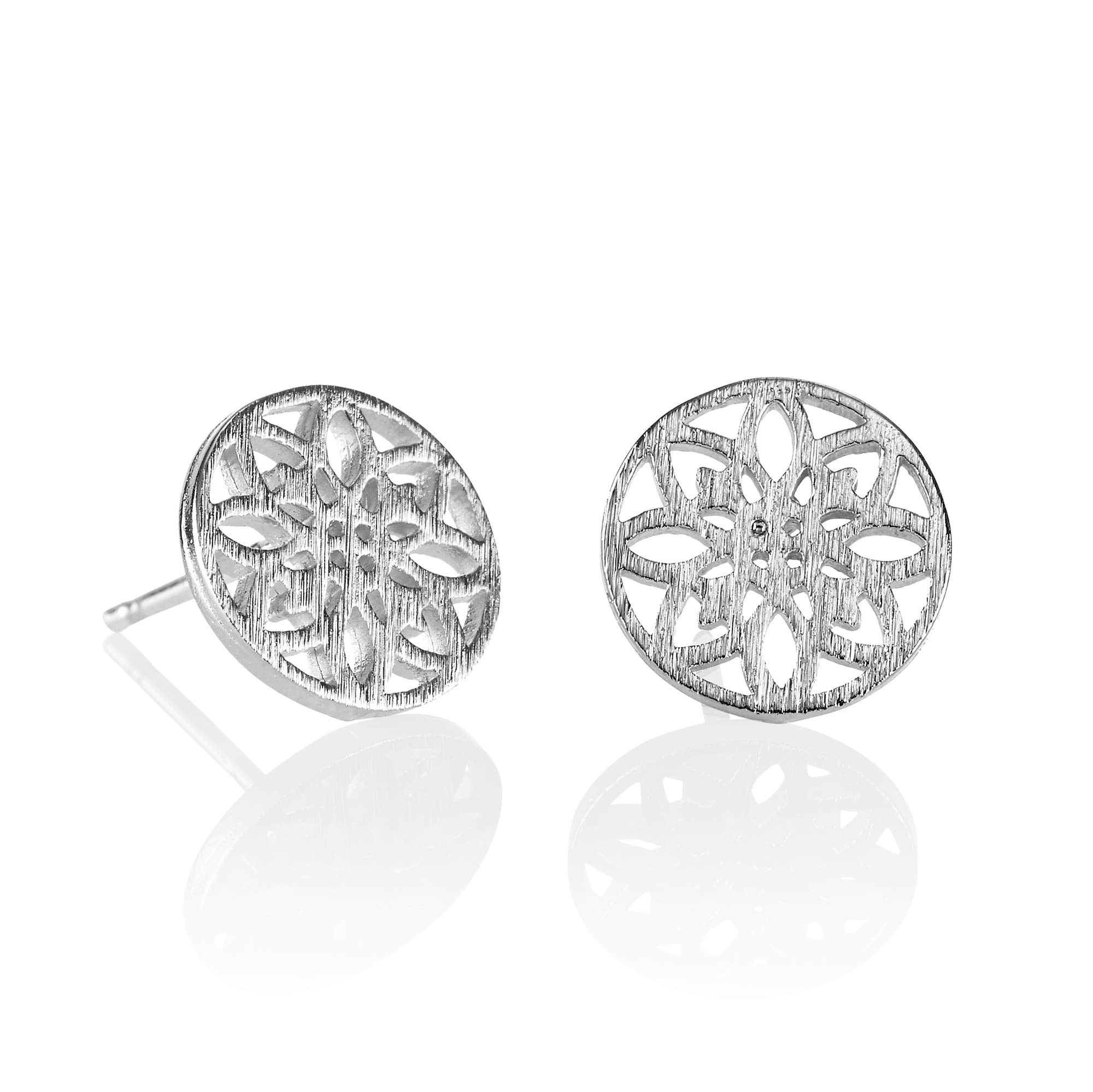 Namana Mandala Disc Silver Stud Earrings for Women, Brushed Finish Round Silver Earrings for Women, Cute Earrings for Teenage Girls and Women, Silver Studs for Women, Jewellery Gifts for Women