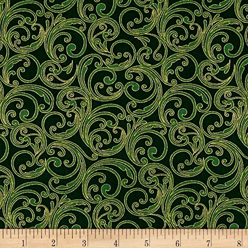 Joyful Metallic Festive Scroll Green Fabric By The Yard
