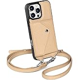 LUCKYCOIN Crossbody Wallet Phone Case for iPhone 16 Pro Max, Genuine Phone Case with Expandable Wallet Card Holder & Adjustable Removable Crossbody Strap, Phone Purse with Card Slot - Pebble Beige
