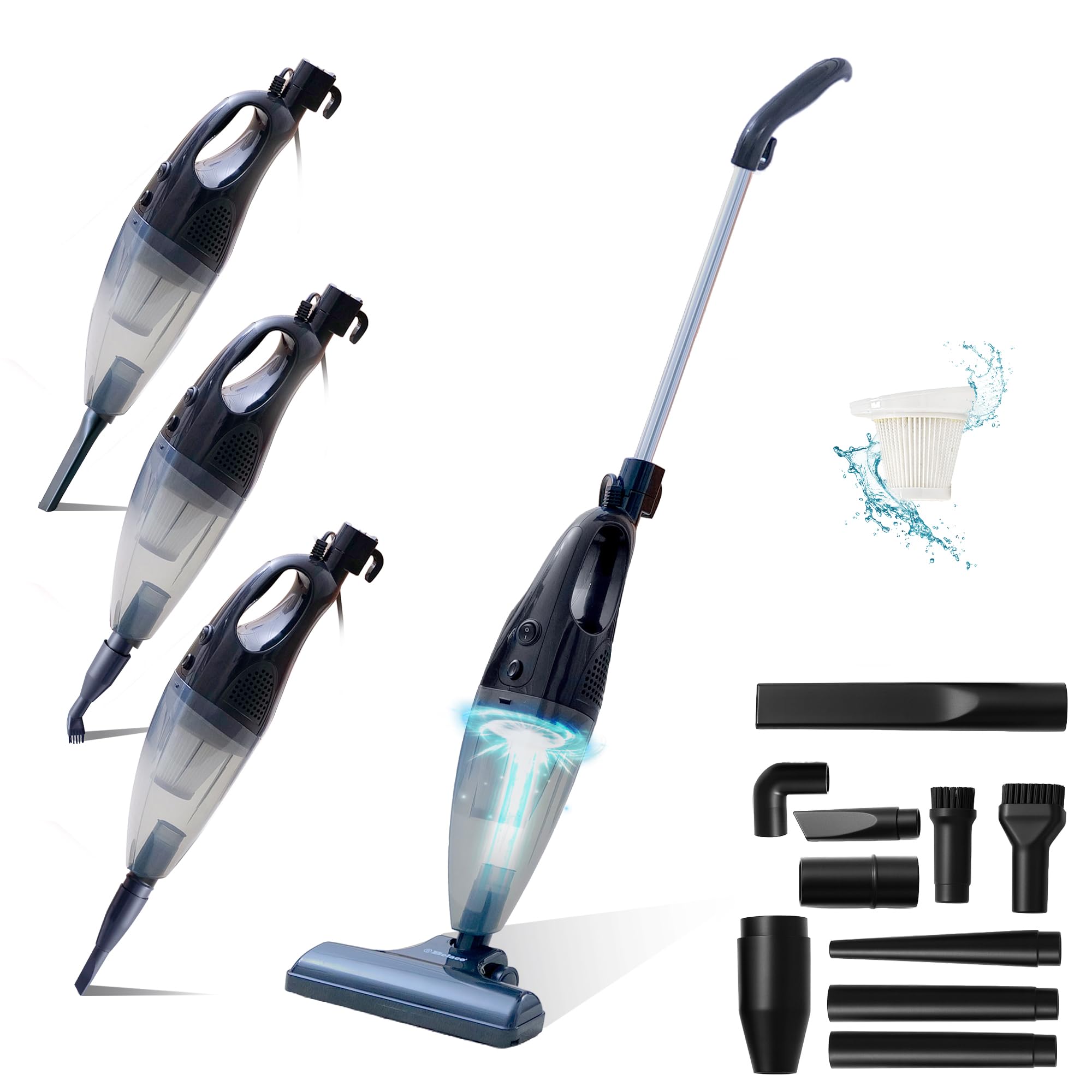 Belaco 700W Corded Stick Vacuum Cleaner, Powerful All in 1 Upright & Handheld Vacuum with HEPA Filter, 1.2L Dust Cup, 11 Attachments, 5m Cable for Home & Car - Black