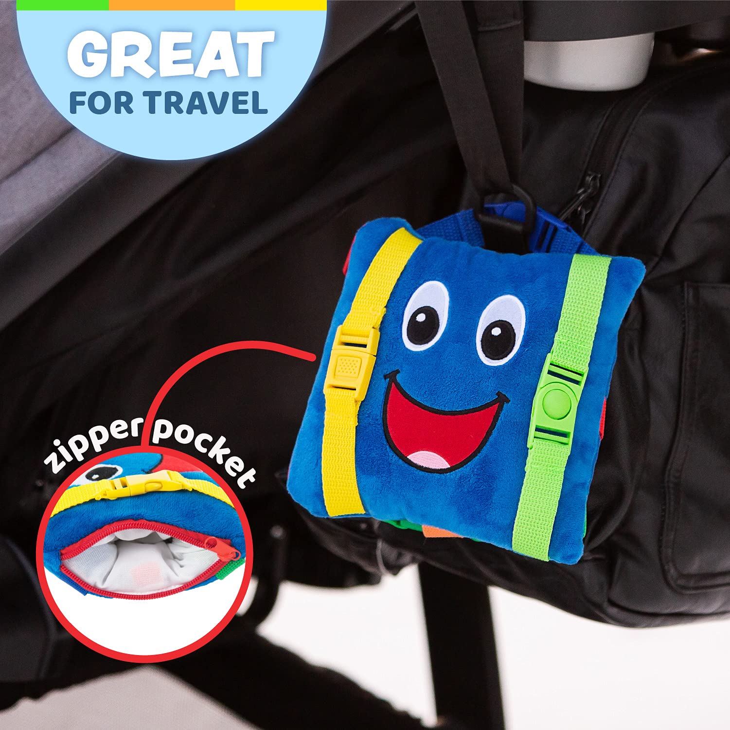 Buckle Toys Boomer Square Travel Essential for Toddlers 1-3, Road Trip Activities for Kids, Toddler Learning Toy, Sensory Toy to Develop Fine Motor Skills and Learn Numbers and Colors, Storage Pocket