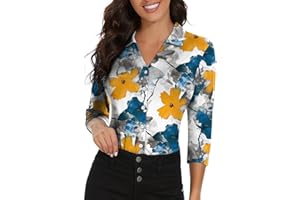 Soneven Womens Golf Polo Shirts 3/4 Long Sleeve V Neck Button Down Shirts Business Causal Work Blouses Tops