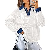 Soesdemo Womens Oversized Cable Knit Sweaters Chunky Long Sleeve Button Up Denim Polo Neck Knit Pullover Tunic Sweaters