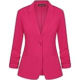 MINTLIMIT Women's Casual Blazer 3/4 Ruched Sleeve Open Front Button Work Office Blazer Jackets with Pockets