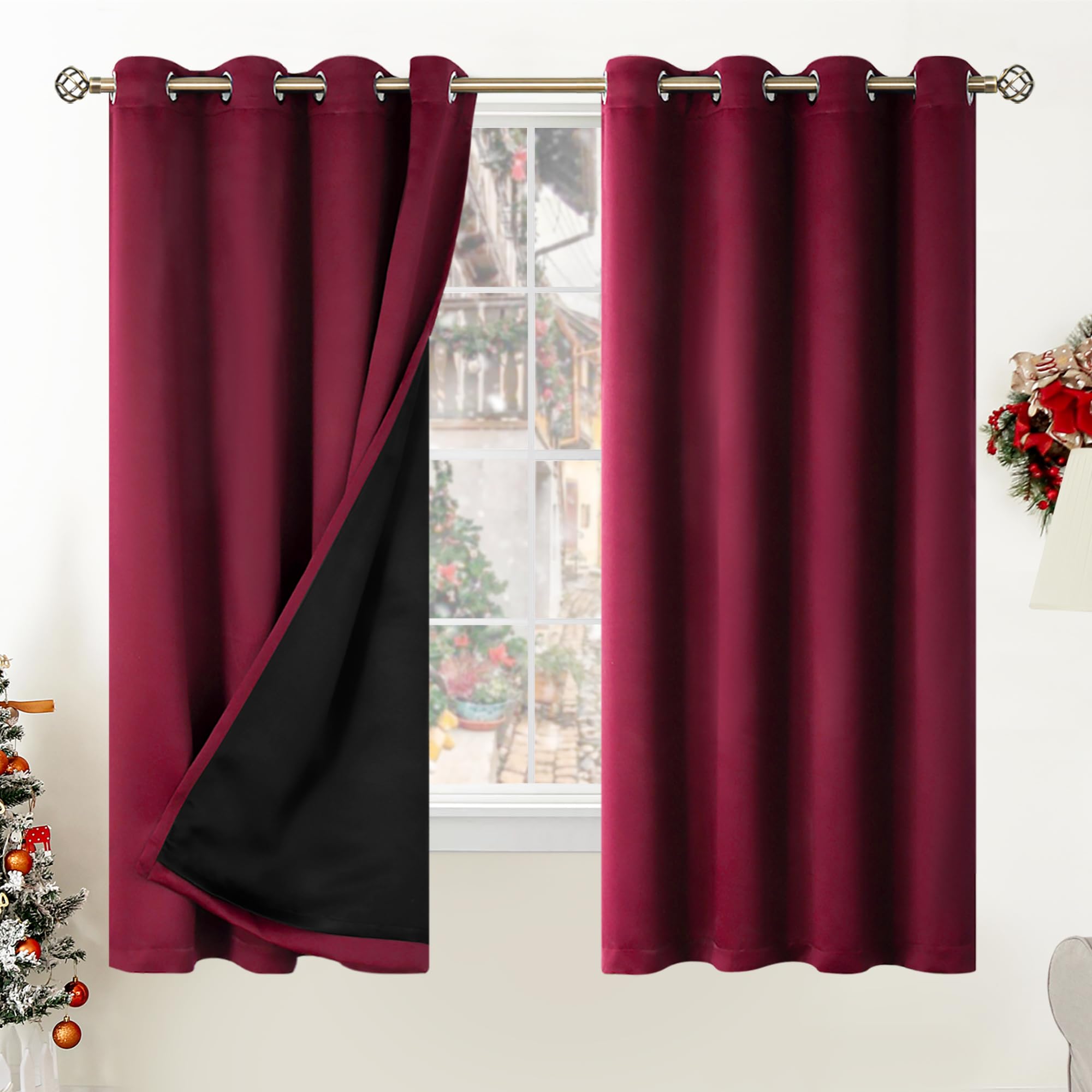 BGment Thermal Insulated 100% Blackout Curtains for Bedroom with Black Liner, Double Layer Full Room Darkening Noise Reducing Grommet Curtain (52 x 63 Inch, Burgundy Red, 2 Panels)