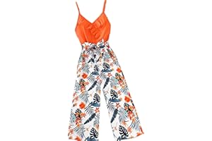 WDIRARA Girl's Tropical Print Ruffle Trim Wrap Front V Neck High Waist Belted Cami Jumpsuit Sleeveless Long Romper