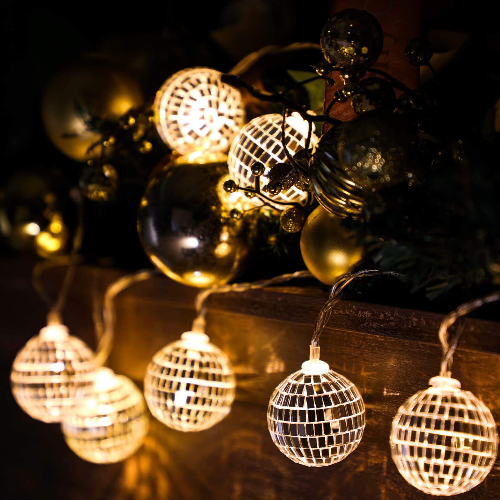 Photo 1 of BBTO LED Disco Ball String Light Battery Powered Mirror Balls Ornaments for Outside Backyard Porch 70s 80s Disco Party Supplies(9.84 ft Long,Warm Silver)