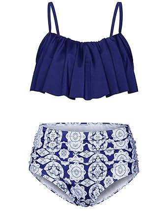 KUONUO Damen Bikini Oberteil Vintage Sexy Bikini Set Push Up High Waist Hose und Oberteil Strand Niedlich Ruffles Beach Badea