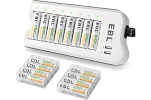 EBL 2300mAh Ni-MH AA Rechargeable Batteries (16 Pack) and Rechargeable AA AAA Battery Charger with 2 USB Charging Ports
