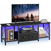 YATINEY Small TV Stand with LED Lights, Entertainment Center with 2 Fabric Drawers and Mesh Shelves, Media TV Console Table for TVs up to 50 Inches, for Living Room, Bedroom, Black DS11DBB