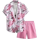 BEAUDRM Men's Plus Size 2 Pieces Outfit Floral Print Button Down Shirt and Drawstring Waist Shorts Sets