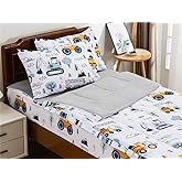 NTBED Construction Truck Printed Zipper Bedding Sets Twin Lightweight Microfiber Forest Car Comforter Sets with Fitted Sheet Pillow Covers,White Grey