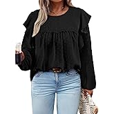 AlvaQ Women Plus Size Tops Crewneck Ruffle Long Sleeve Shirts Casual Lace Swiss Dot Chiffon Blouses L-4X