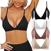 INIBUD Bralette for Women Triangle Cups Adjustable Straps Wireless Bra Deep V Neck Removable Padded Seamless