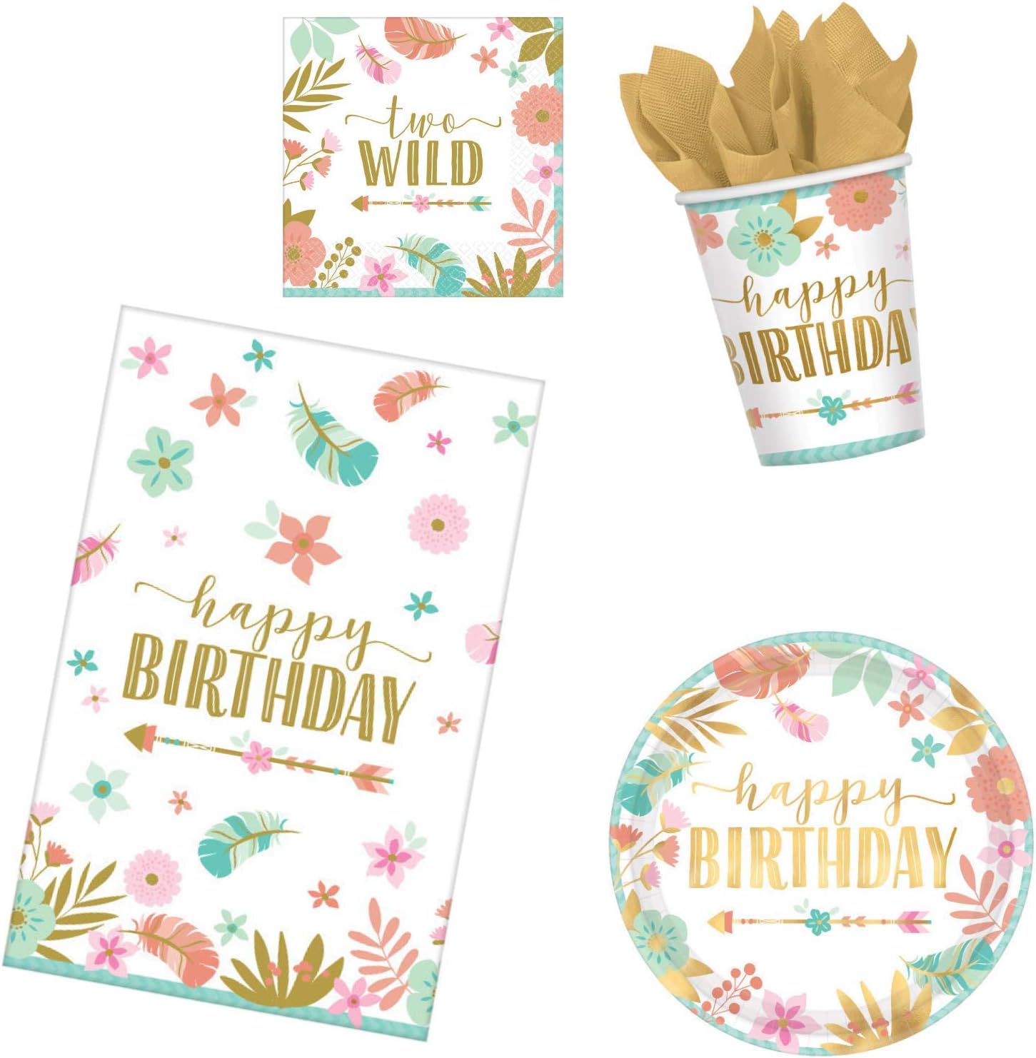 BOHO 2nd Birthday Party Supplies Pack for 16 Guests | Baby Girl Two Wild Theme (Basic ParteePak)