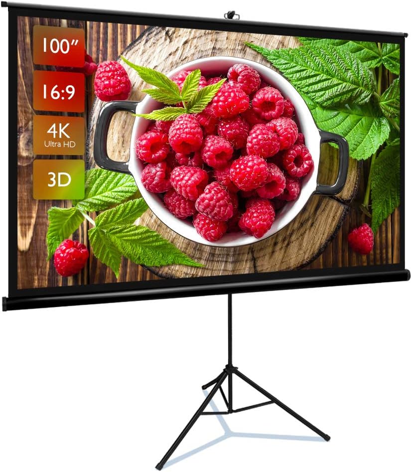Upgraded Projector Screen with Stand 100 inch 16:9 HD 4K Indoor and Outdoor Movie Projection Screen with Premium Wrinkle-Free and Pull-Up Design Portable Projector Screen for Office Home Theater.