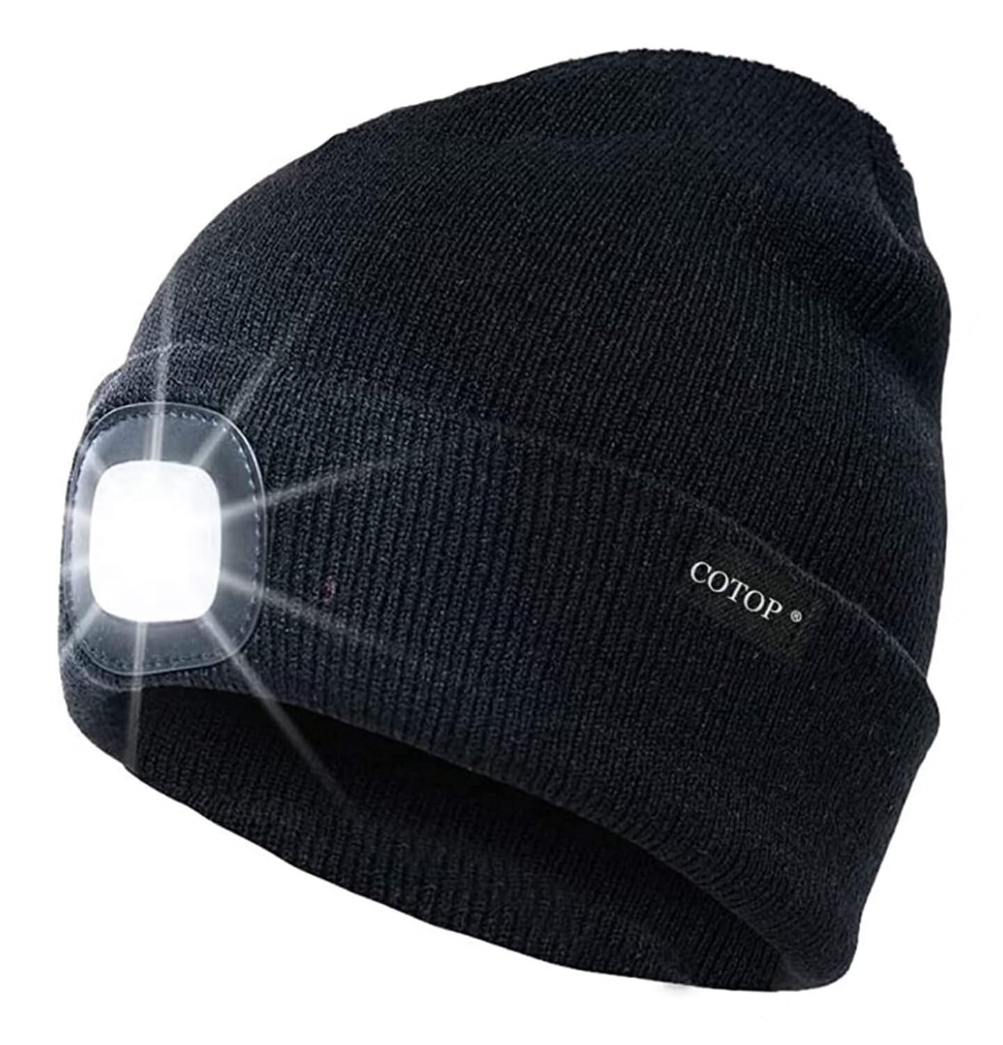 COTOP Unisex LED Headlamp Beanie Cap Men's Women Gift Winter Warm Beanie Hat Hands Free Lighted Beanie Cap for Dog Walking Night, Running, Camping,Hiking Black