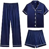 Womens 3pcs Silk Satin Pajamas Set Short Sleeve Sleepwear Classic Button Down Top and Shorts Loungewear Pj Set