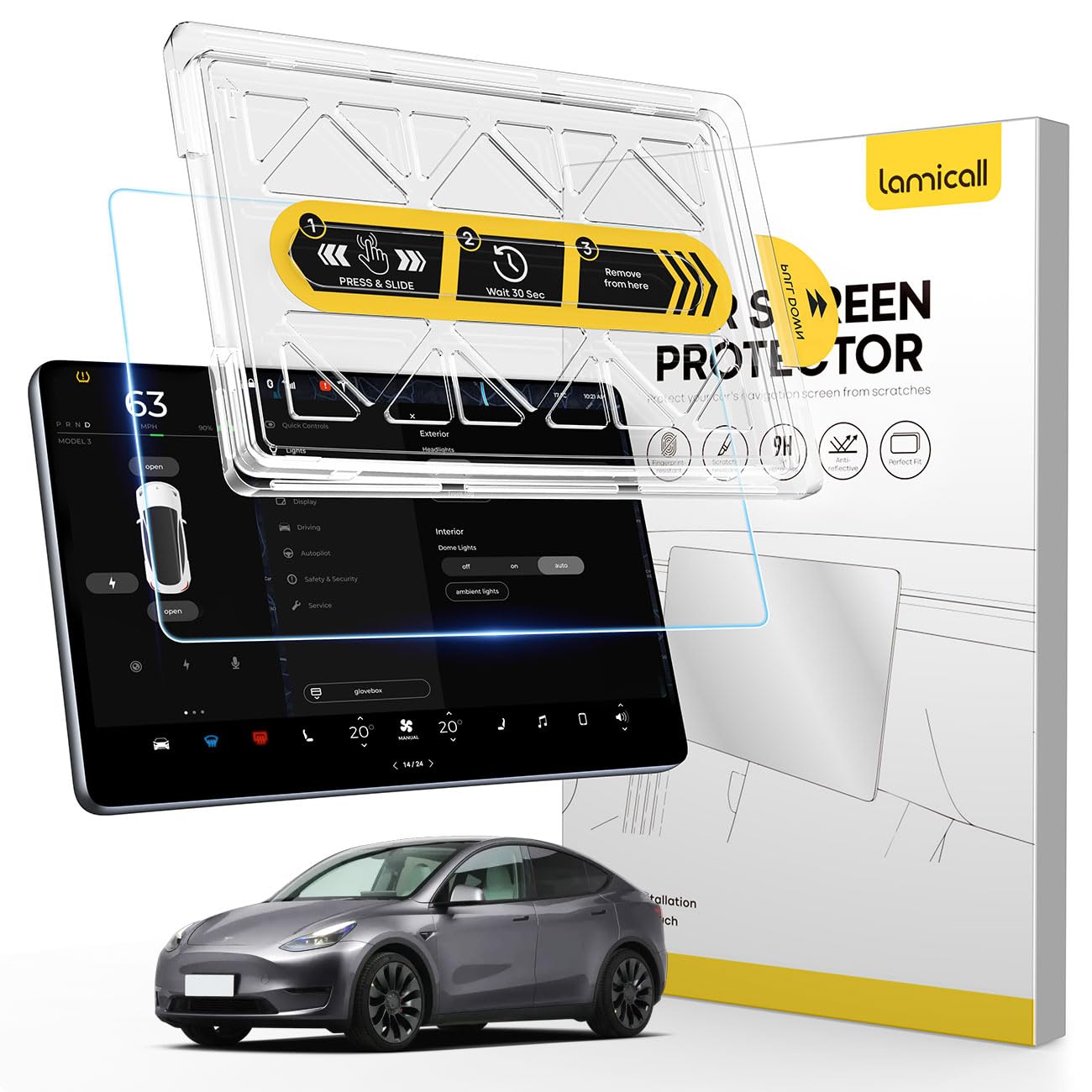 Photo 1 of Lamicall Tesla Model Y (2020-2024) & Model 3 (2017-2023) Screen Protector - [Anti Scratch & Fingerprint] [9H Hardness] Glossy Tempered Glass Screen Protector for Tesla Model Y / Model 3, Tesla Assesories