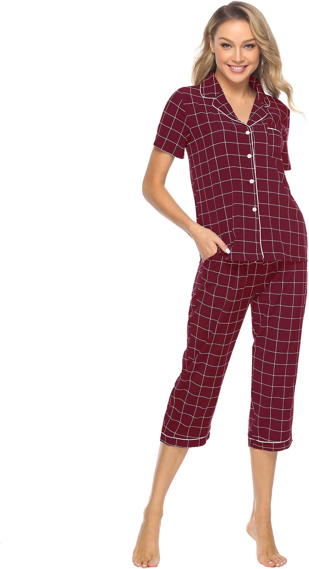iClosam Women's Sleepwear Plaid Short Sleeve Button Down Pajama Sets S-XXL